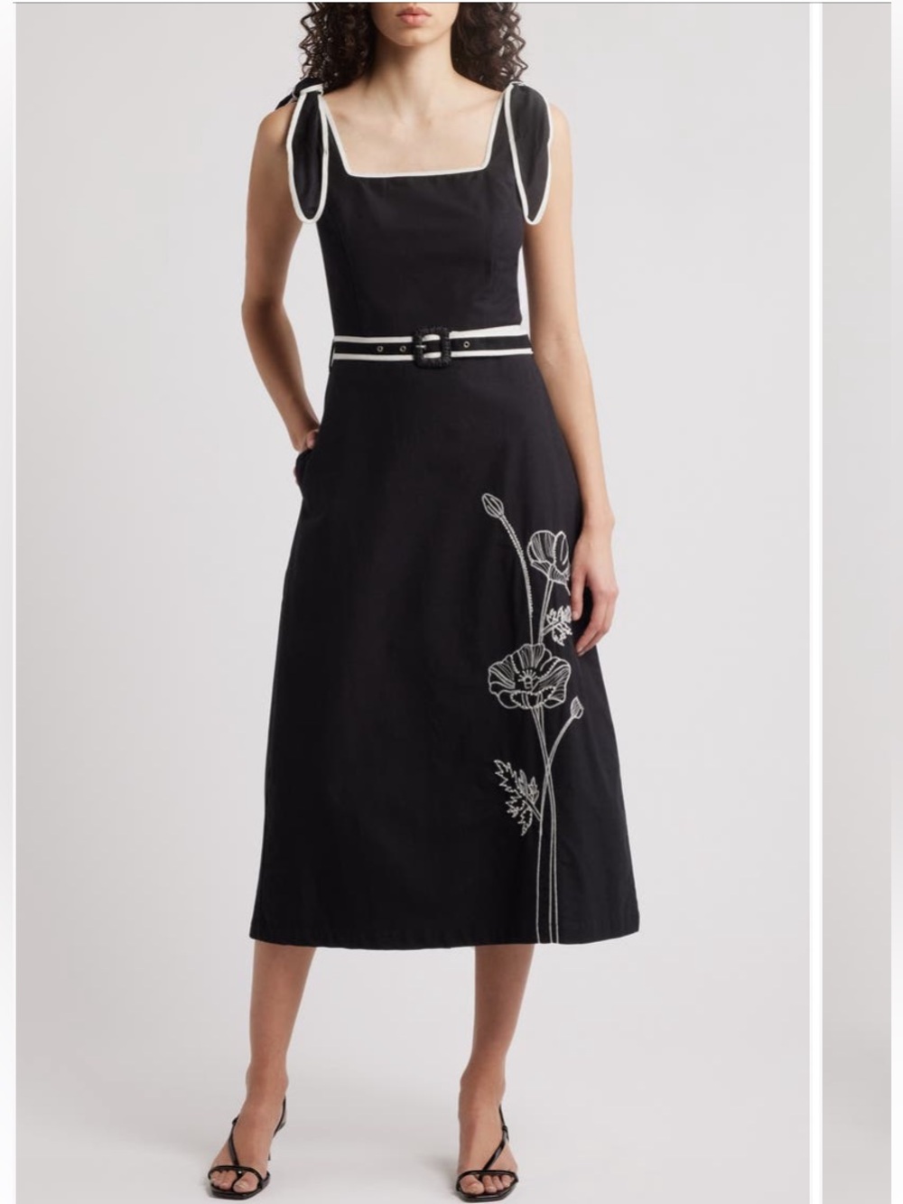 CIEBON Dress NEW Paola Linen Cotton Embroidered Pockets Belt Midi Black SZ L 8